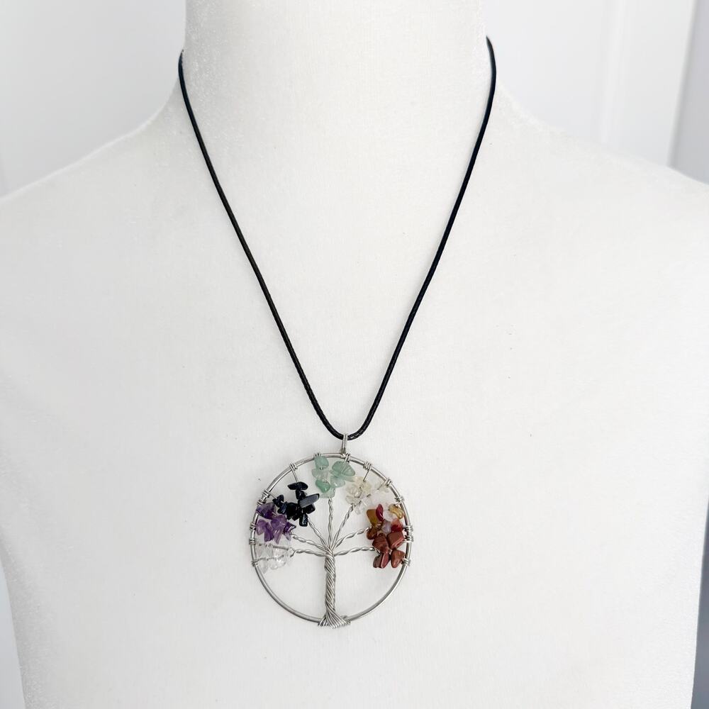 Multicolor beaded tree of life silver twist pendant necklace